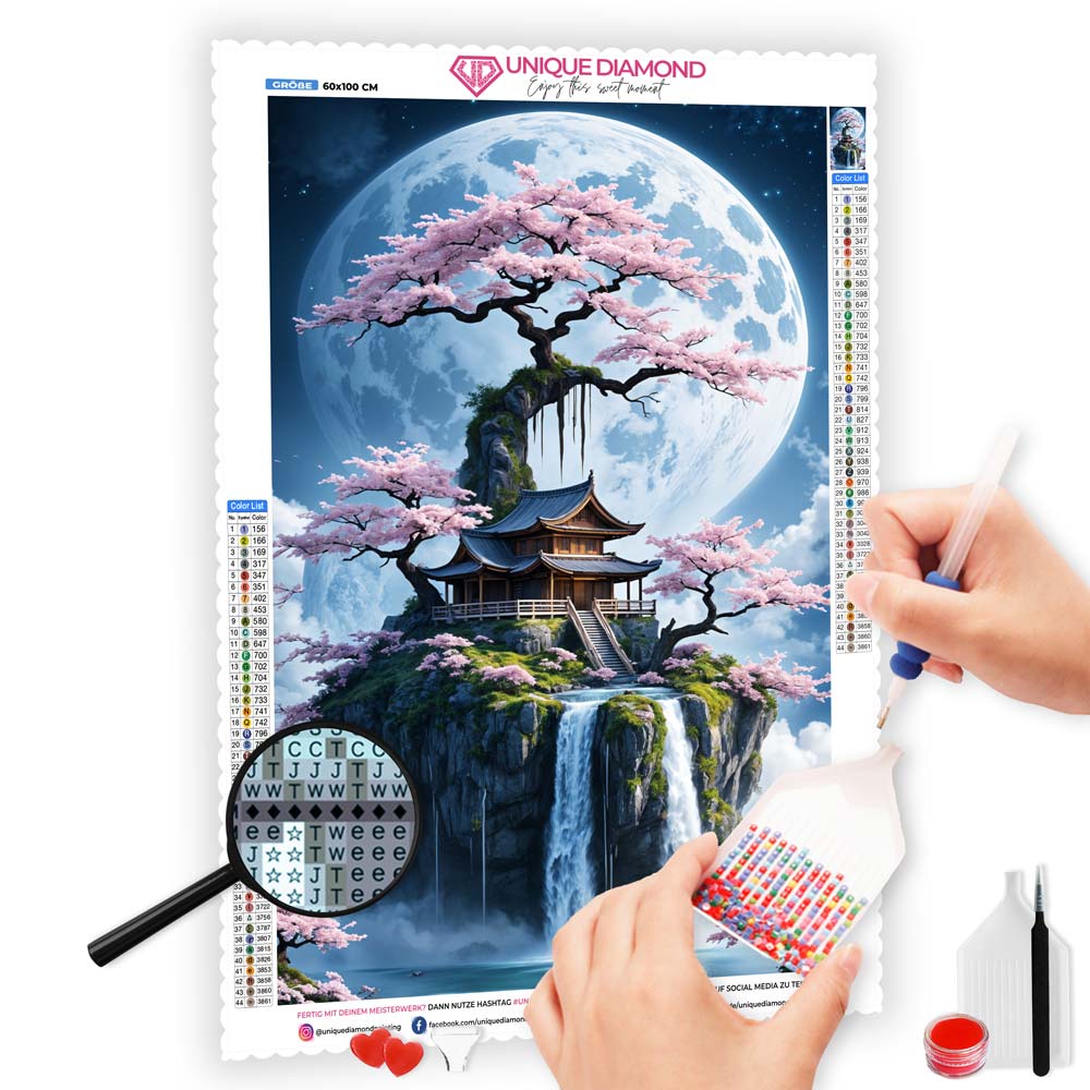 5D Diamond Painting AB Steine Moonlight Sakura Haven mit 100 Farben, Unique-Diamond