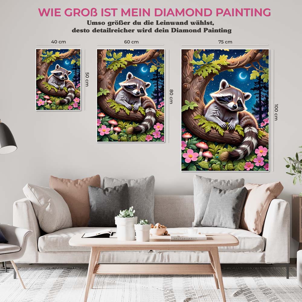 5D Diamond Painting AB Steine Racoon mit 100 Farben, Unique-Diamond
