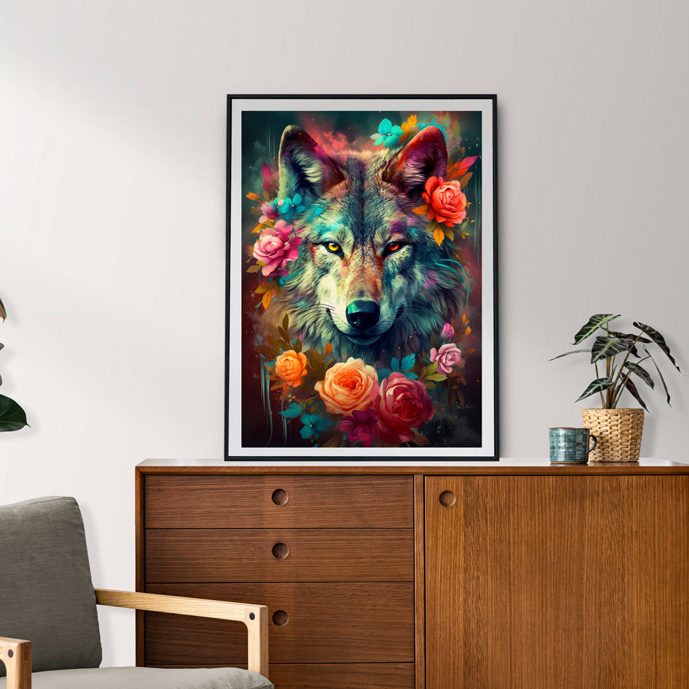 5D Diamond Painting AB Steine Wolf in Blumen - Unique-Diamond