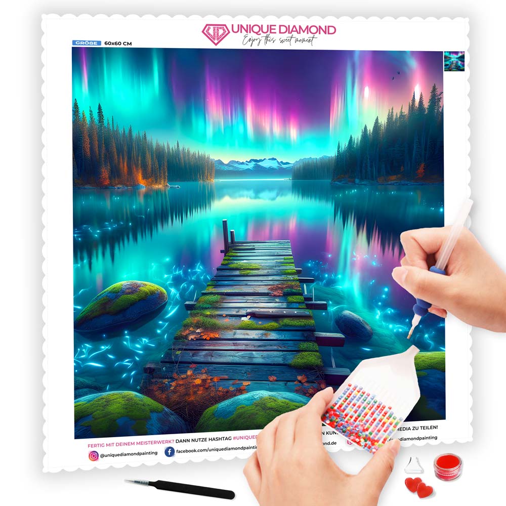 5D Diamond Painting AB Steine – Aurora Lake Dreams mit 100 Farben, Unique-Diamond