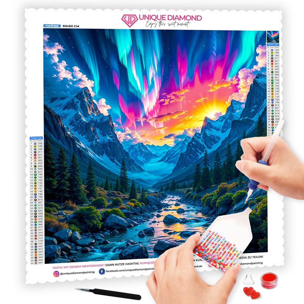 5D Diamond Painting AB Steine – Aurora over Crystal Valley mit 100 Farben, Unique-Diamond