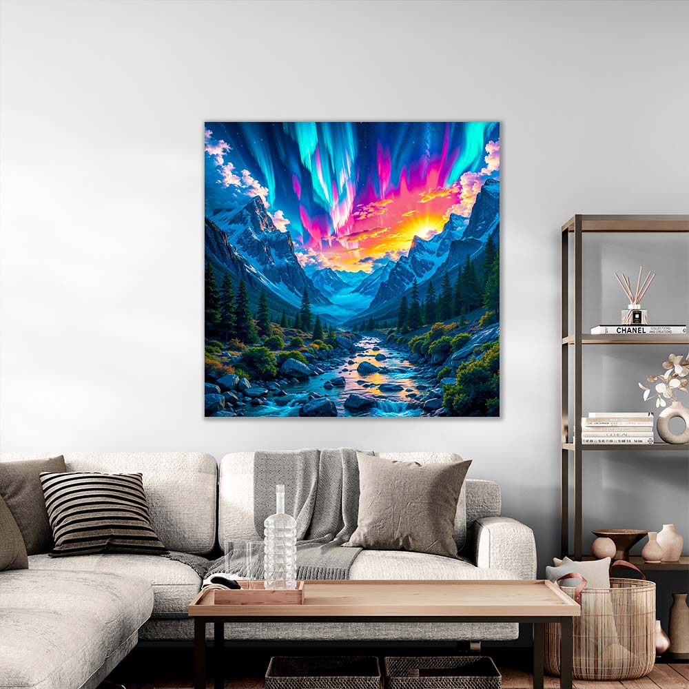 5D Diamond Painting AB Steine – Aurora over Crystal Valley mit 100 Farben, Unique-Diamond