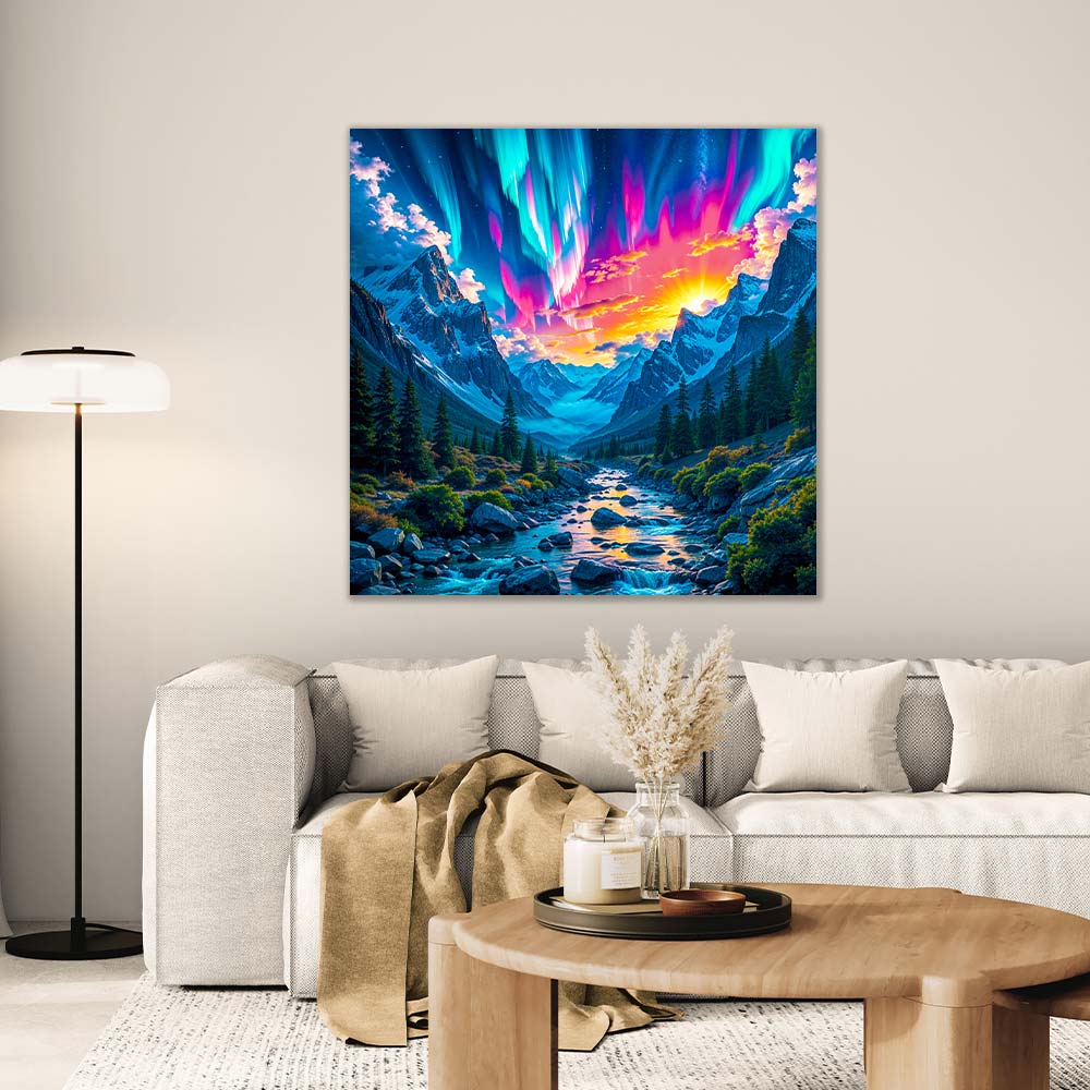 5D Diamond Painting AB Steine – Aurora over Crystal Valley mit 100 Farben, Unique-Diamond