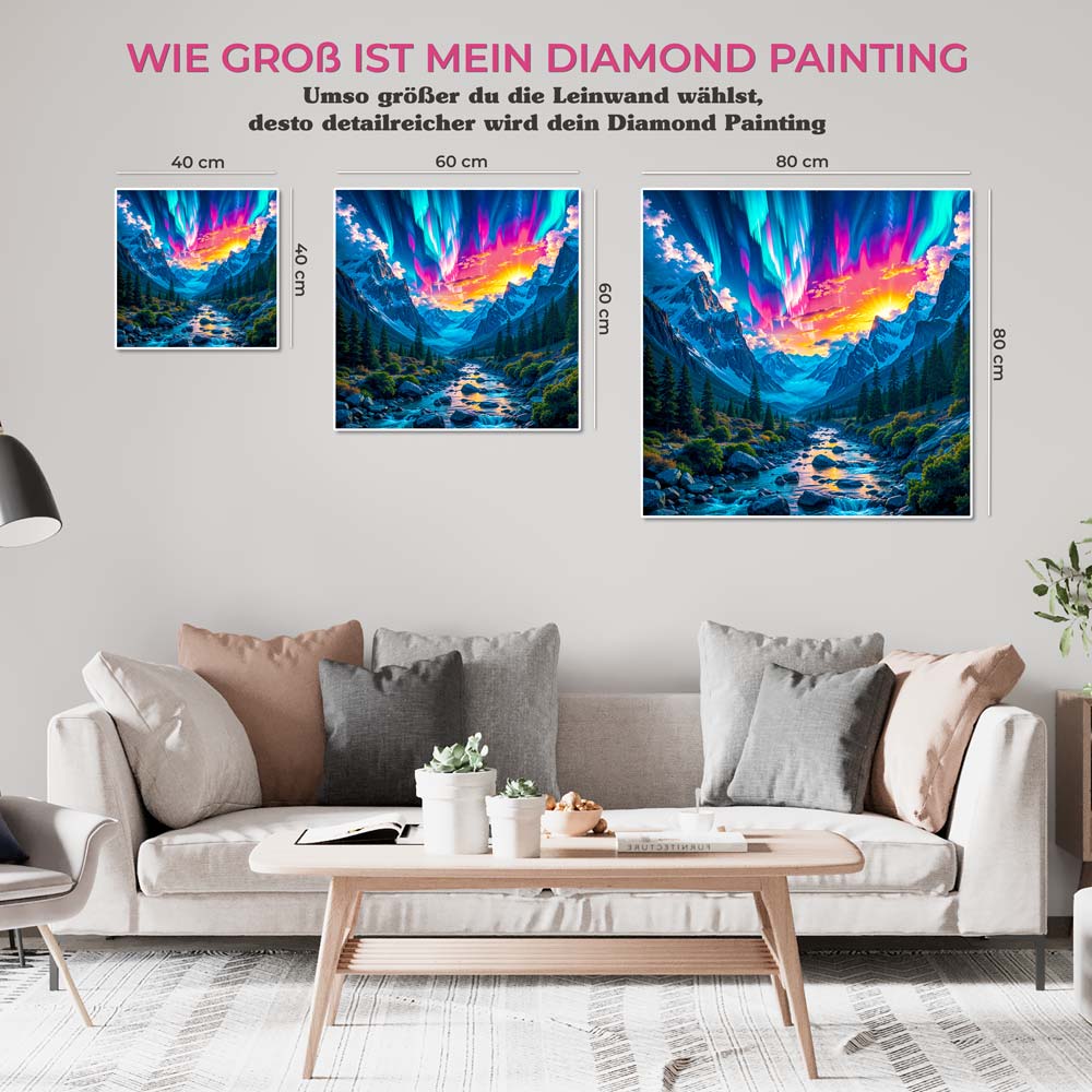 5D Diamond Painting AB Steine – Aurora over Crystal Valley mit 100 Farben, Unique-Diamond
