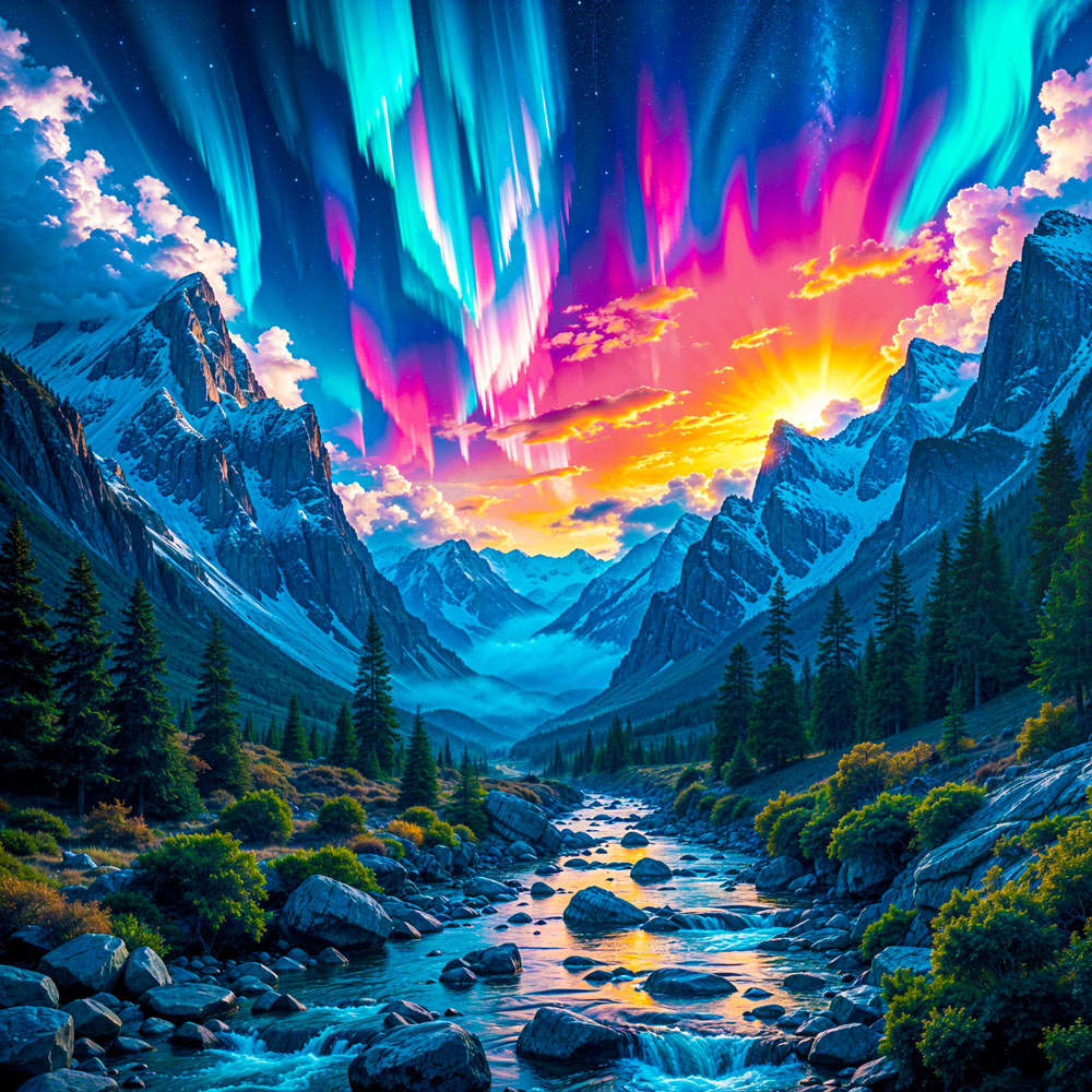 5D Diamond Painting AB Steine – Aurora over Crystal Valley mit 100 Farben, Unique-Diamond