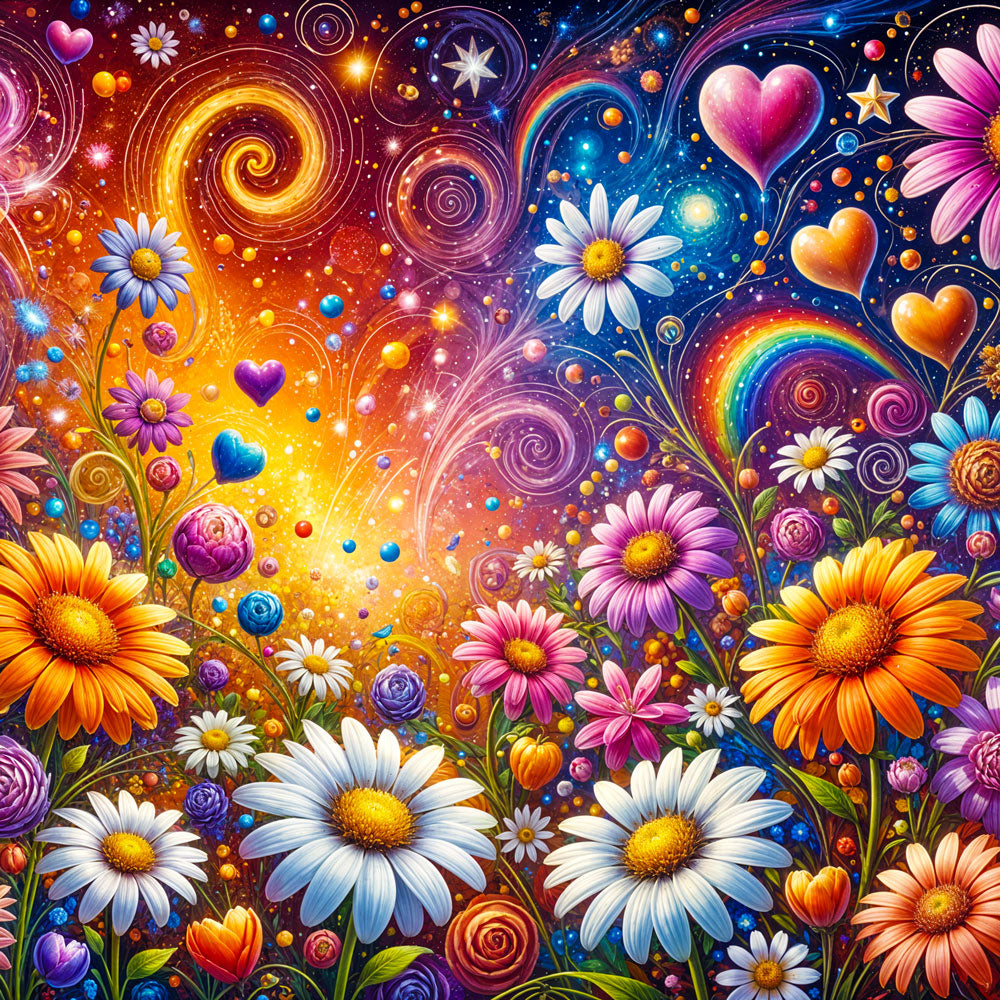 5D Diamond Painting AB Steine – Blütenherzen im Farbenwirbel mit 100 Farben, Unique-Diamond
