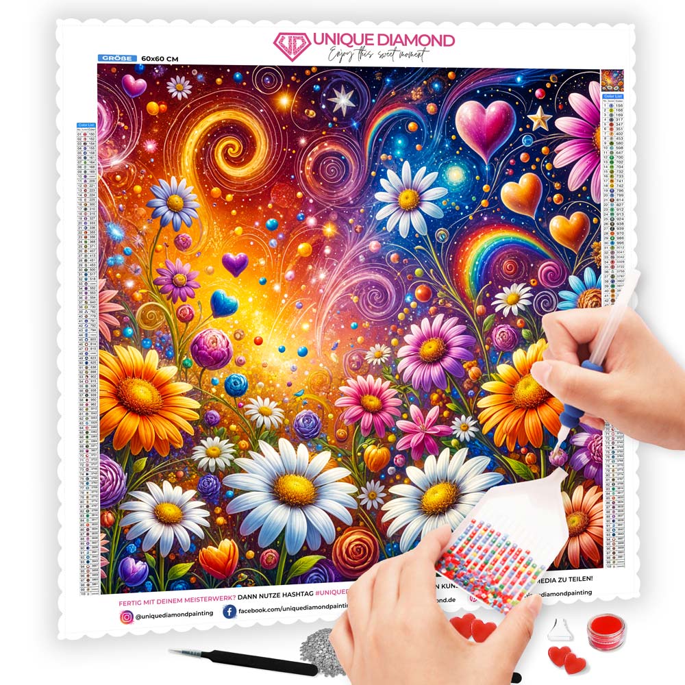 5D Diamond Painting AB Steine – Blütenherzen im Farbenwirbel mit 100 Farben