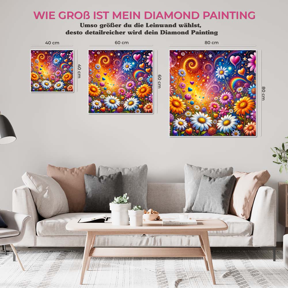 5D Diamond Painting AB Steine – Blütenherzen im Farbenwirbel mit 100 Farbenv
