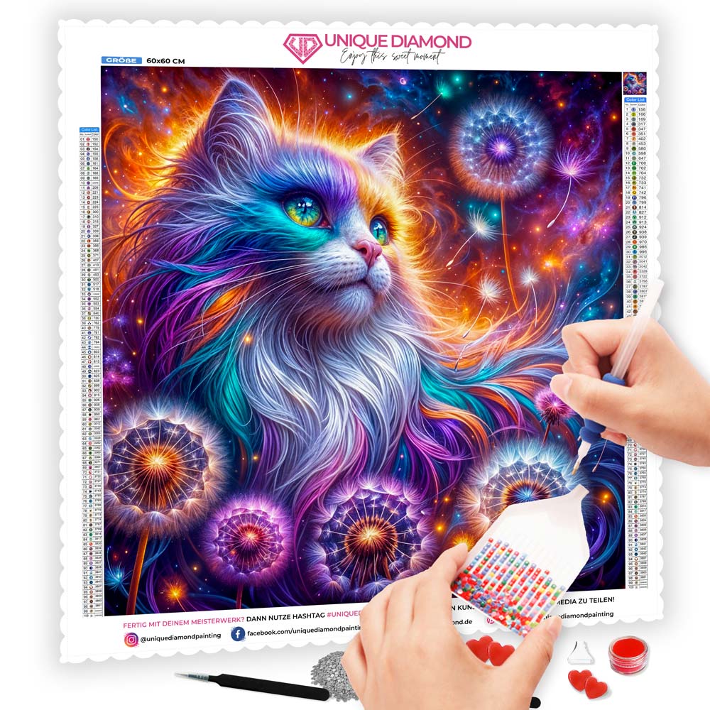5D Diamond Painting AB Steine – Galaktische Katze Nova mit 100 Farben, Unique-Diamond