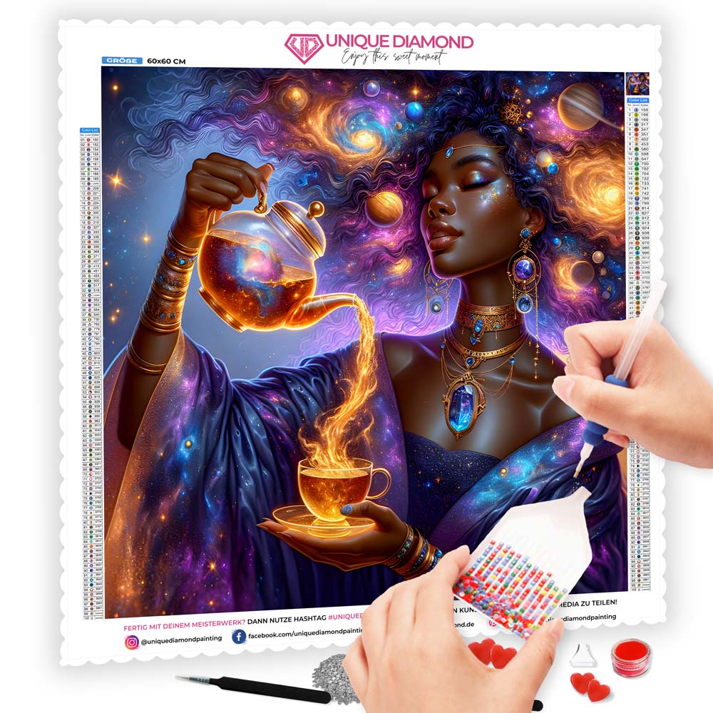 5D Diamond Painting AB Steine – Galaktische Teezeremonie mit 100 Farben, Unique-Diamond