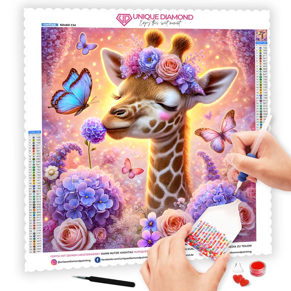 5D Diamond Painting AB Steine – Giraffenpoesie im Blütenzauber, Unique-Diamond