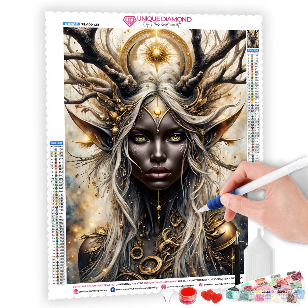 5D Diamond Painting AB Steine – Göttin der goldenen Schatten, Unique-Diamond