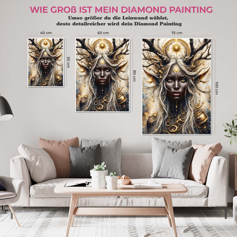 5D Diamond Painting AB Steine – Göttin der goldenen Schatten, Unique-Diamond