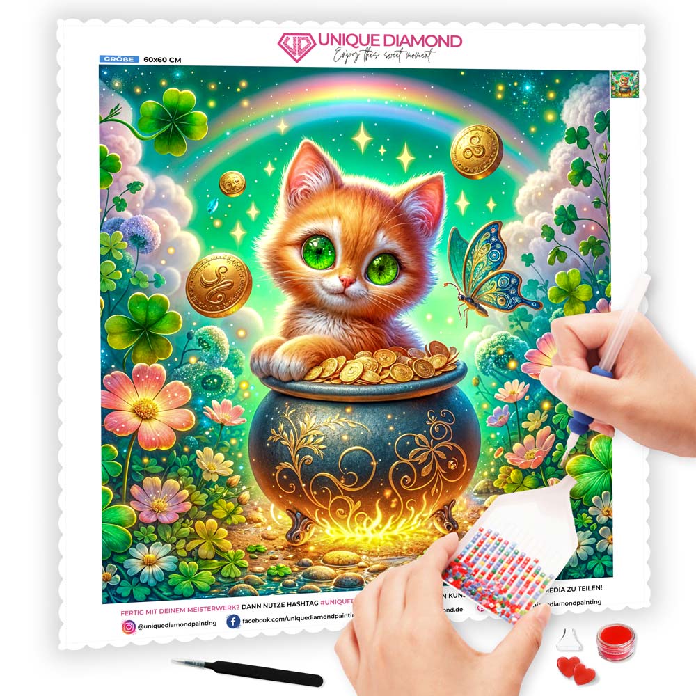 5D Diamond Painting AB Steine – Kätzchen im Goldtopf mit 100 Farben, Unique-Diamond
