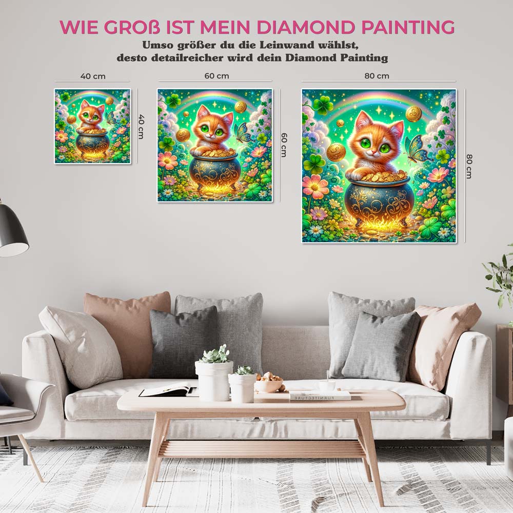 5D Diamond Painting AB Steine – Kätzchen im Goldtopf mit 100 Farben, Unique-Diamond