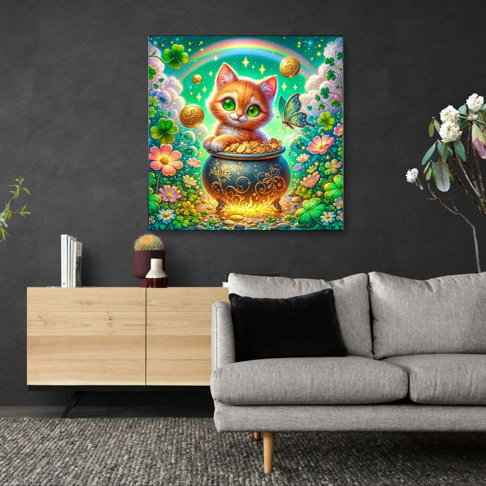 5D Diamond Painting AB Steine – Kätzchen im Goldtopf mit 100 Farben, Unique-Diamond