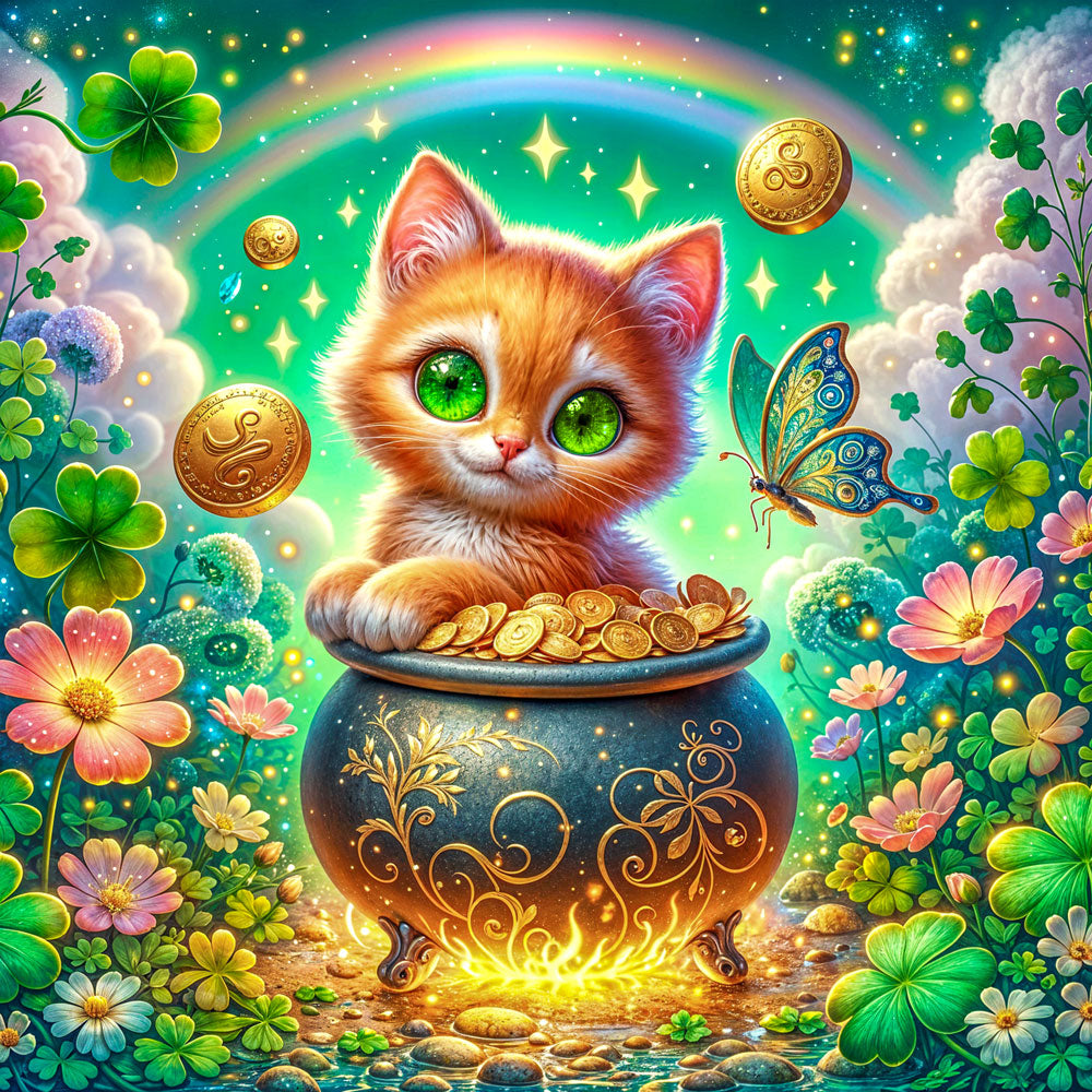 5D Diamond Painting AB Steine – Kätzchen im Goldtopf mit 100 Farben, Unique-Diamond