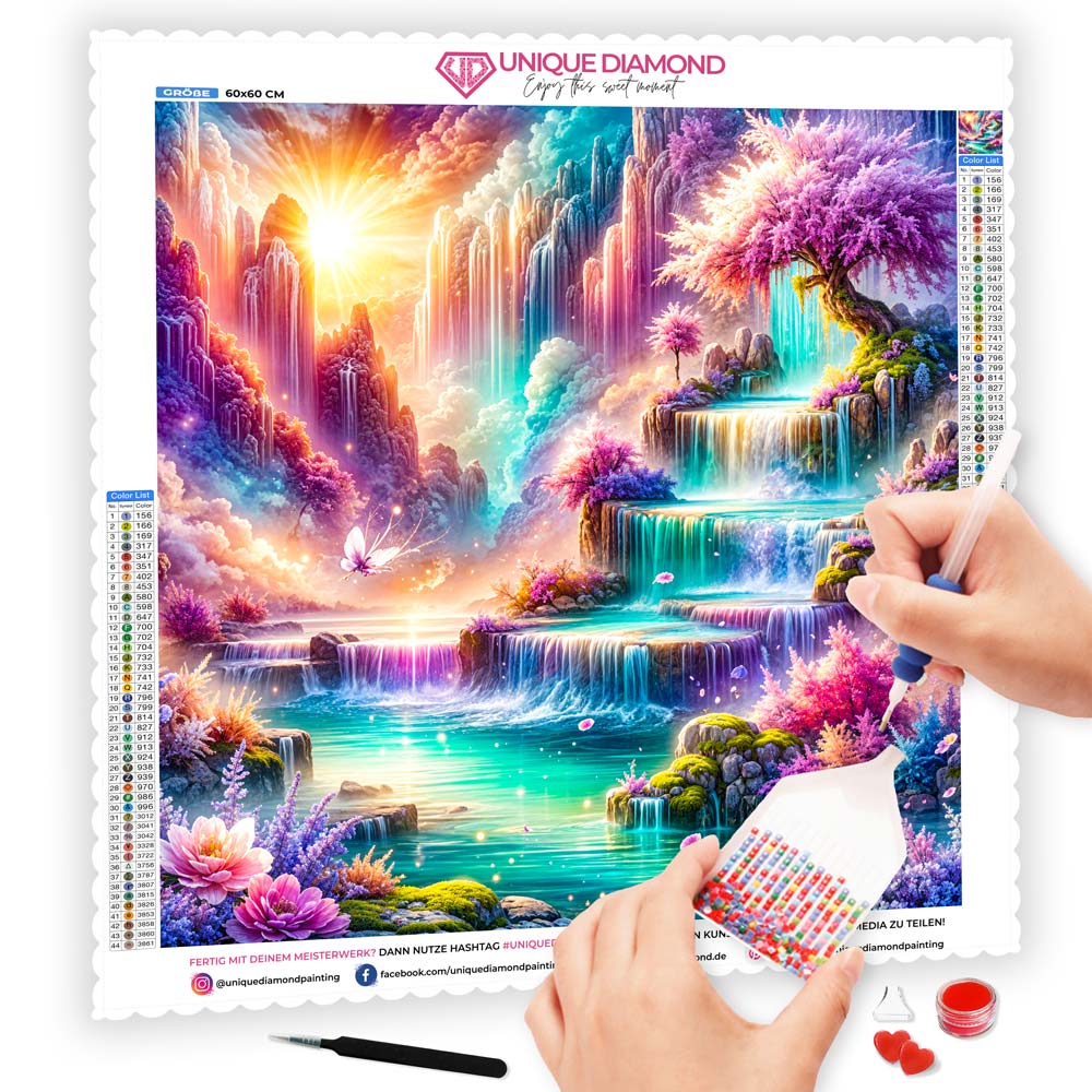 5D Diamond Painting AB Steine – Märchenquell der Harmonie mit 100 Farben, Unique-Diamond