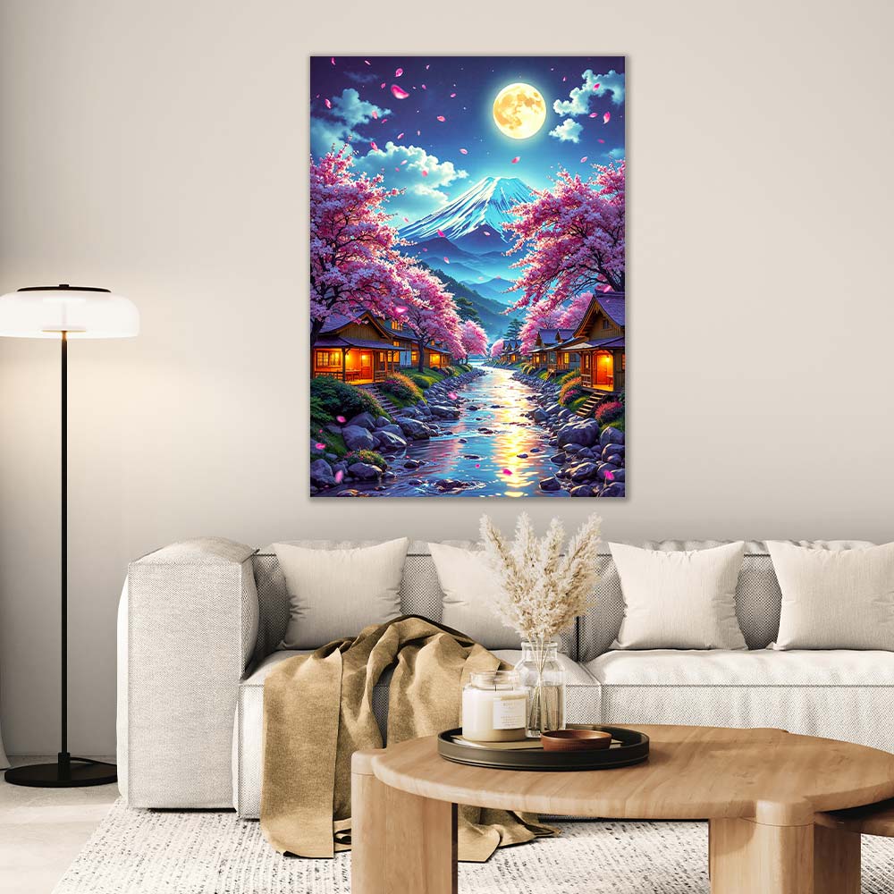 5D Diamond Painting AB Steine – Moonlight over Hanami River, Unique-Diamond