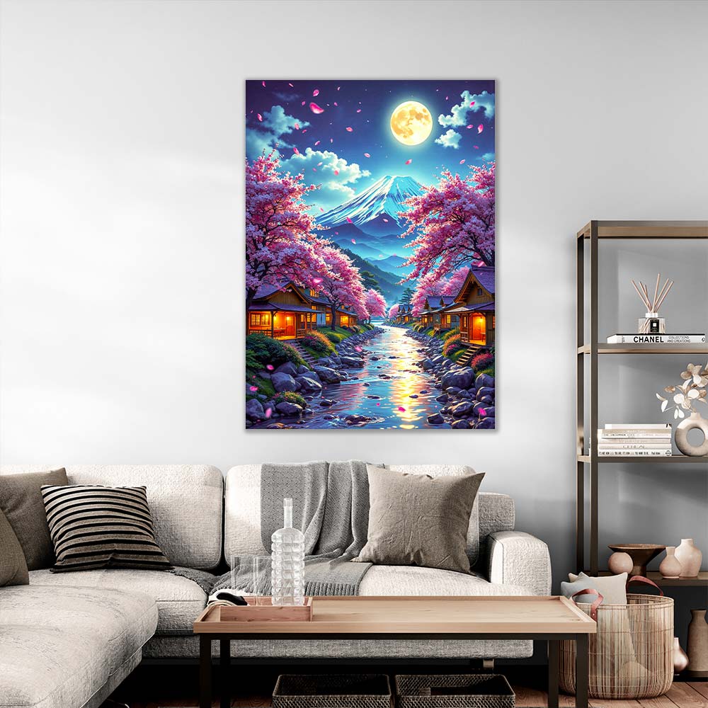 5D Diamond Painting AB Steine – Moonlight over Hanami River, Unique-Diamond