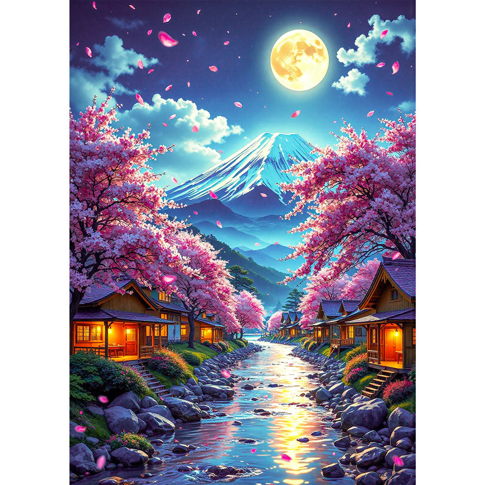 5D Diamond Painting AB Steine – Moonlight over Hanami River, Unique-Diamond