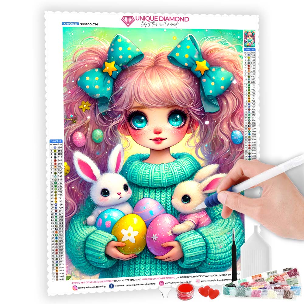 5D Diamond Painting AB Steine – Osterzauber mit Mia und den Hasen