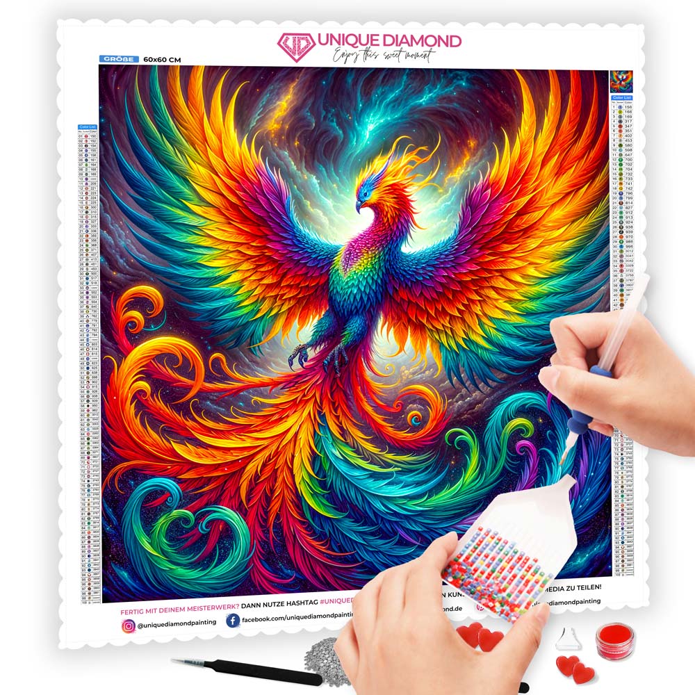 5D Diamond Painting AB Steine – Phönix Ignis in Flammenfarben mit 100 Farben, Unique-Diamond