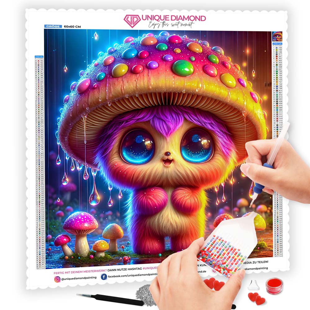 5D Diamond Painting AB Steine – Pilzchen Puki im Zauberwald mit 100 Farben, Unique-Diamond