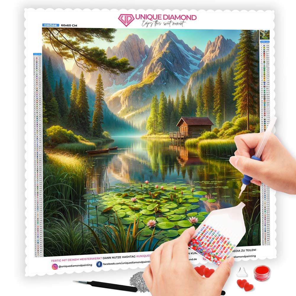 5D Diamond Painting AB Steine – Seehütte am Morgen mit 100 Farben, Unique-Diamond