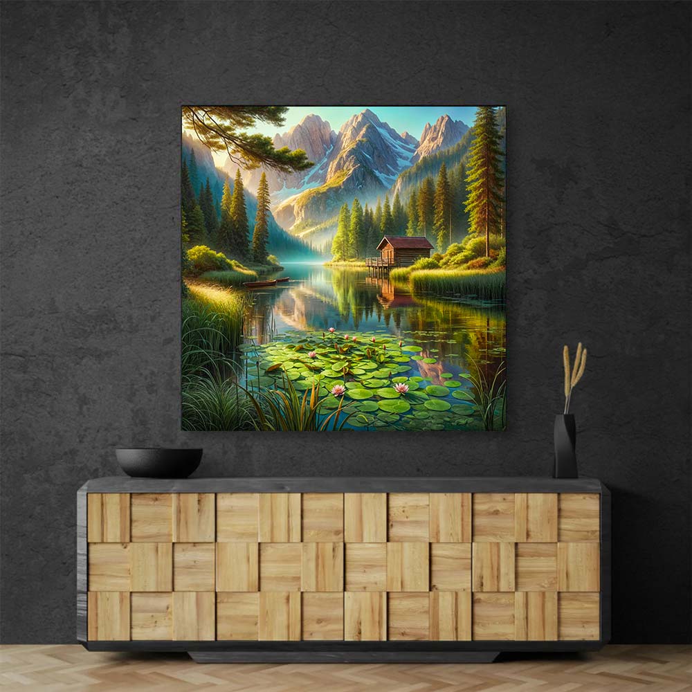 5D Diamond Painting AB Steine – Seehütte am Morgen mit 100 Farben, Unique-Diamond