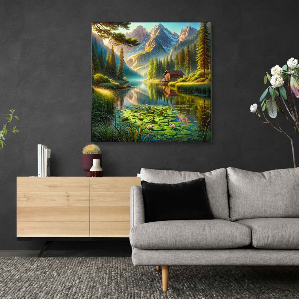 5D Diamond Painting AB Steine – Seehütte am Morgen mit 100 Farben, Unique-Diamond