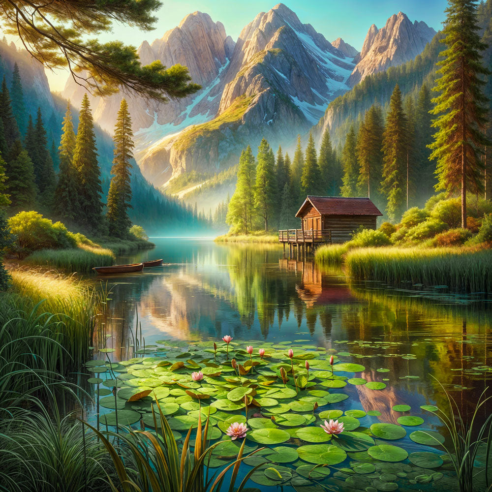 5D Diamond Painting AB Steine – Seehütte am Morgen mit 100 Farben, Unique-Diamond