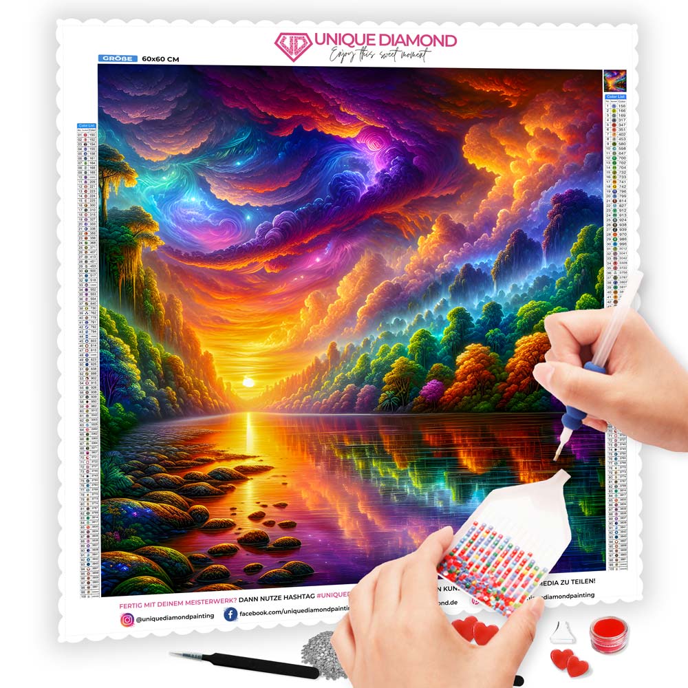 5D Diamond Painting AB Steine – Sonnenfeuer im Zauberwald mit 100 Farben, Unique-Diamond