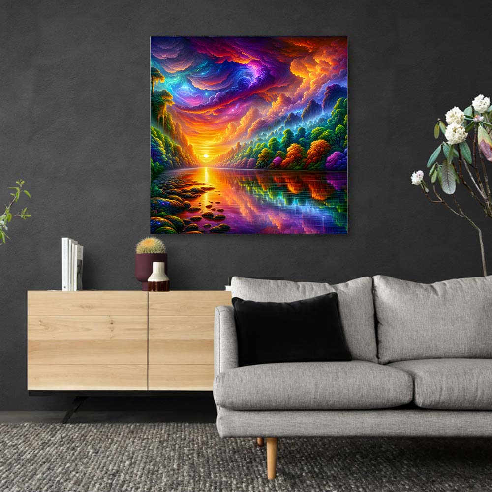 5D Diamond Painting AB Steine – Sonnenfeuer im Zauberwald mit 100 Farben, Unique-Diamond