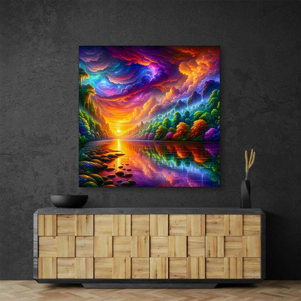 5D Diamond Painting AB Steine – Sonnenfeuer im Zauberwald mit 100 Farben, Unique-Diamond