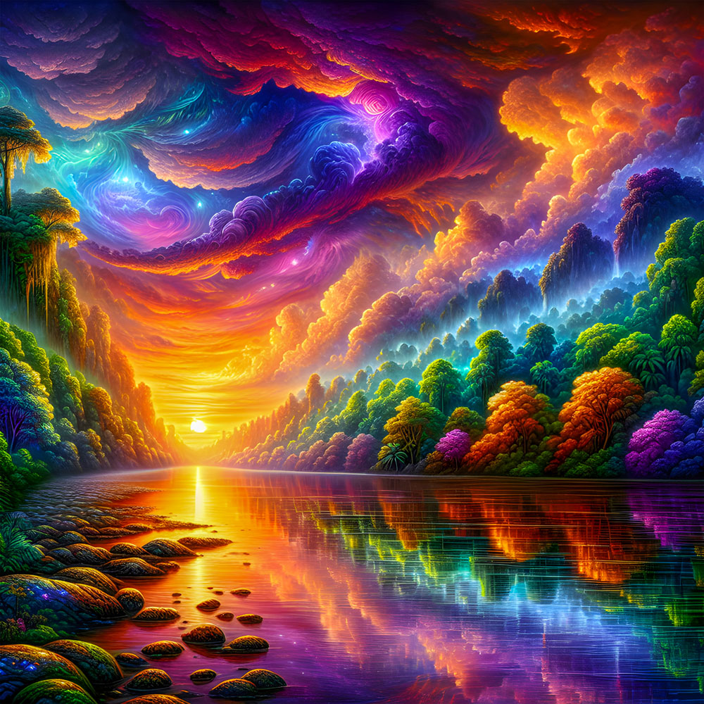 5D Diamond Painting AB Steine – Sonnenfeuer im Zauberwald mit 100 Farben, Unique-Diamond