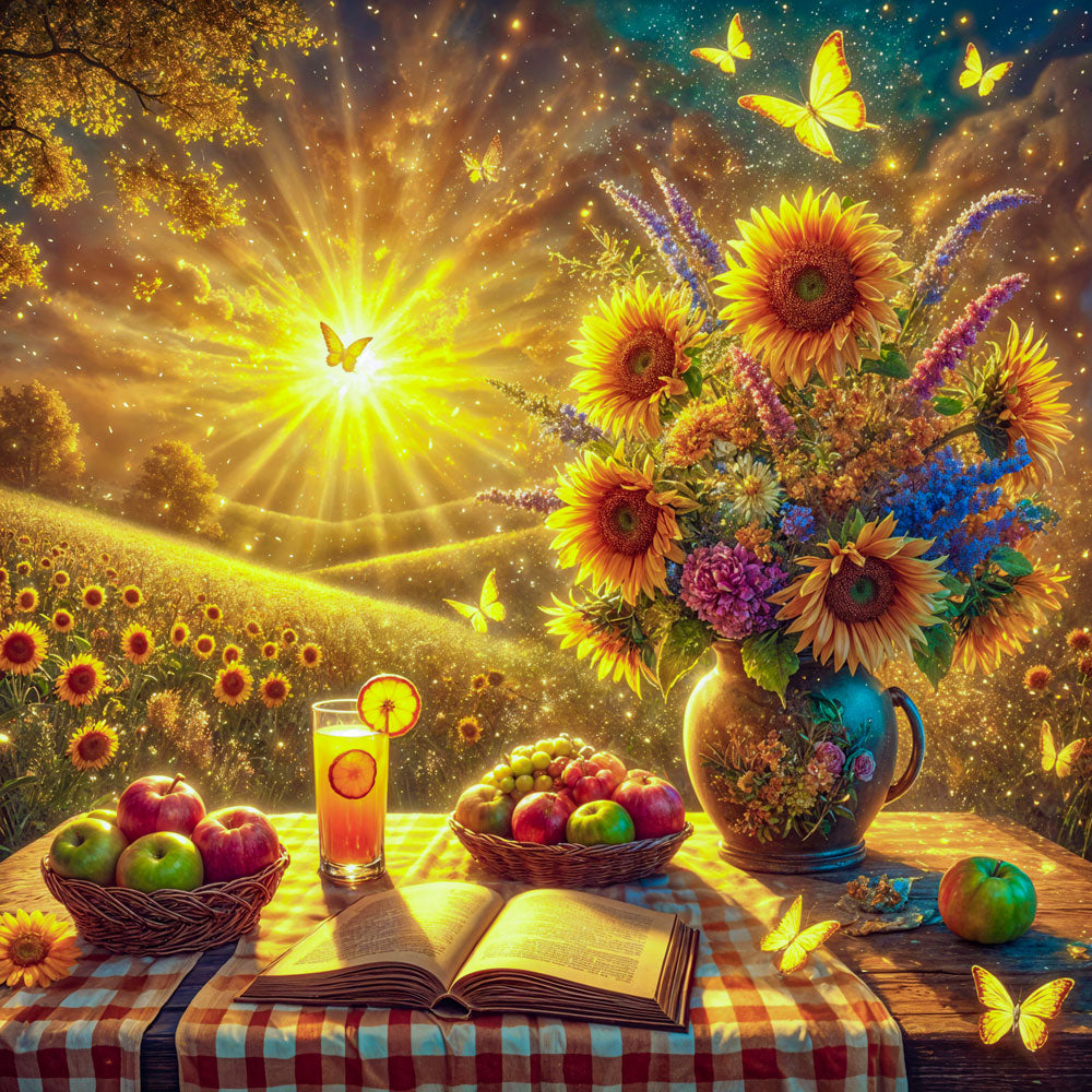5D Diamond Painting AB Steine – Sonnenzauber im Blütenmeer mit 100 Farben, Unique-Diamond