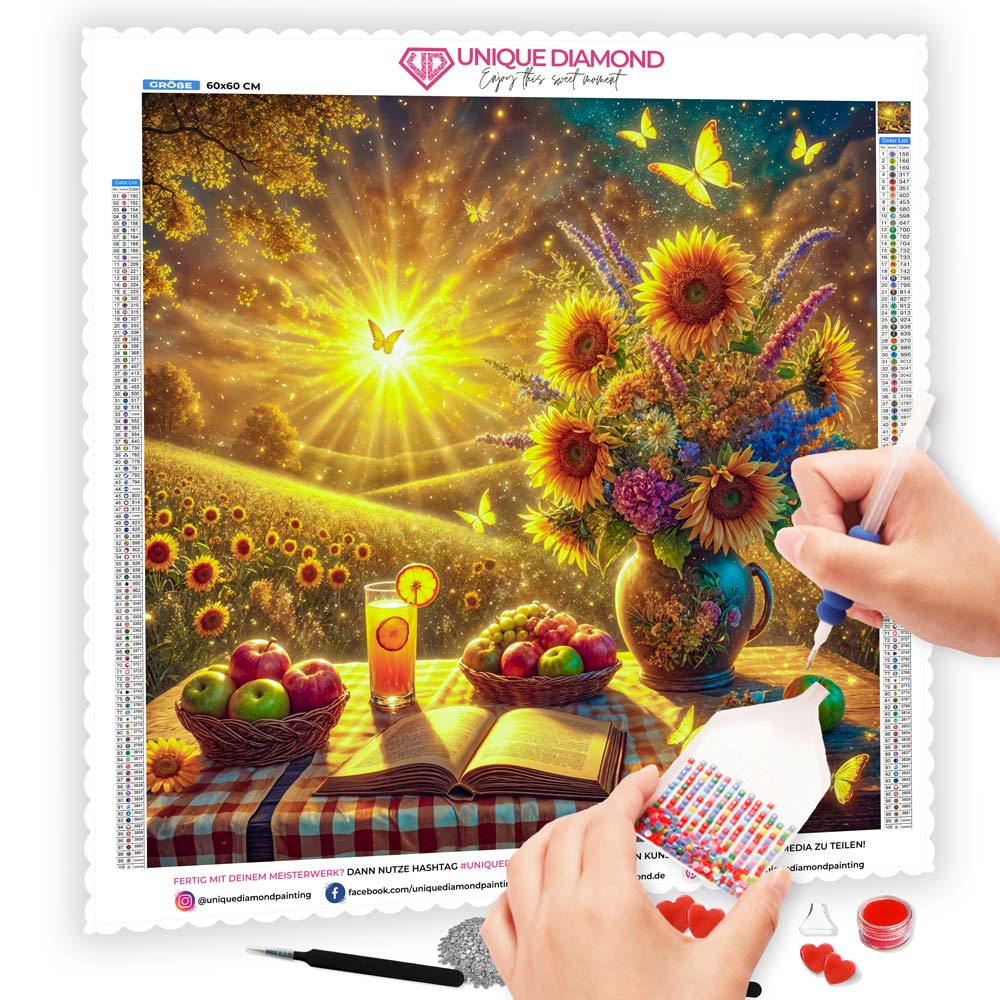 5D Diamond Painting AB Steine – Sonnenzauber im Blütenmeer mit 100 Farben, Unique-Diamond