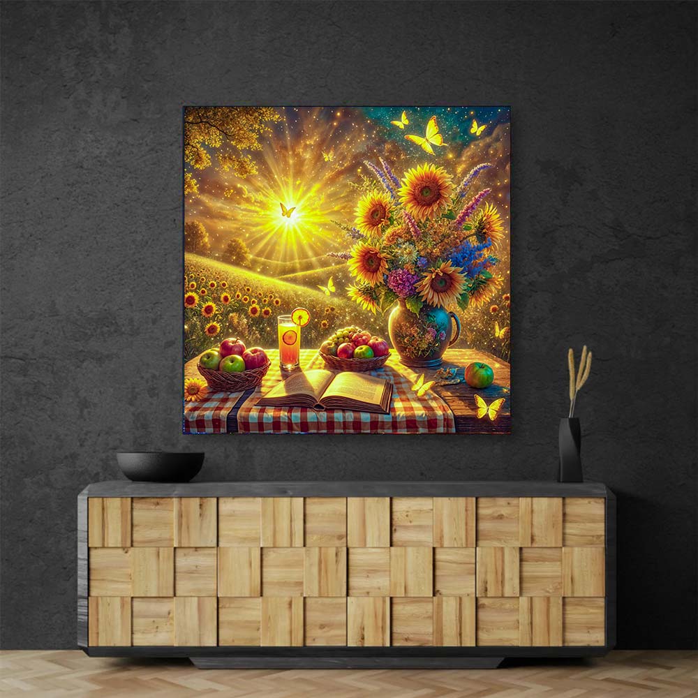 5D Diamond Painting AB Steine – Sonnenzauber im Blütenmeer mit 100 Farben, Unique-Diamond