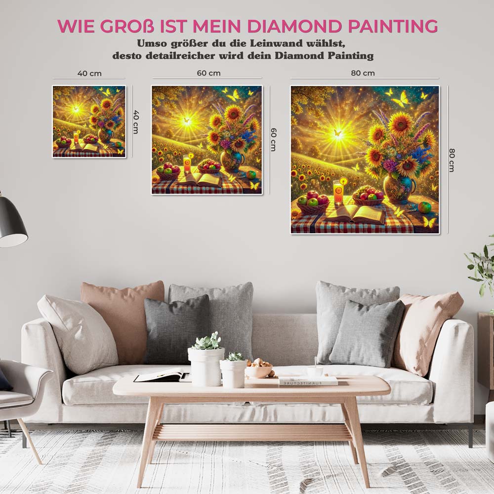 5D Diamond Painting AB Steine – Sonnenzauber im Blütenmeer mit 100 Farben, Unique-Diamond
