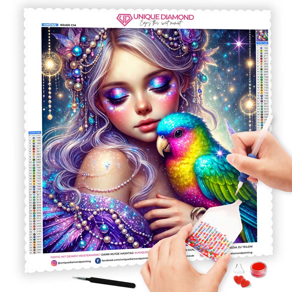 5D Diamond Painting AB Steine – Sternenelfe mit Regenbogenvogel, Unique-Diamond