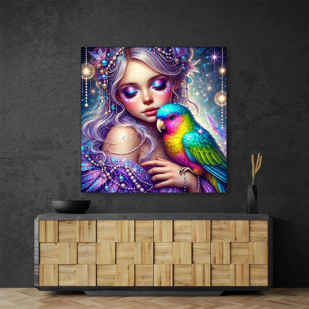 5D Diamond Painting AB Steine – Sternenelfe mit Regenbogenvogel, Unique-Diamond