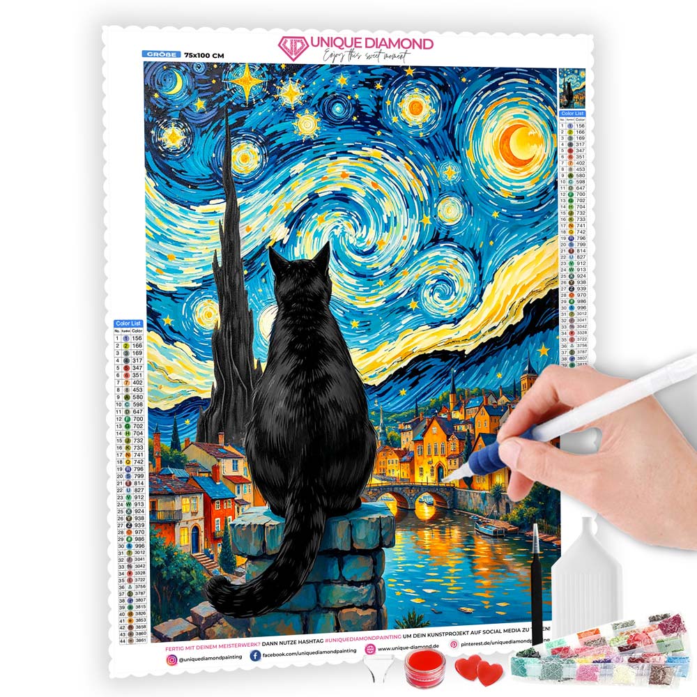 5D Diamond Painting AB Steine – Sternennacht mit Katze, Unique-Diamondd