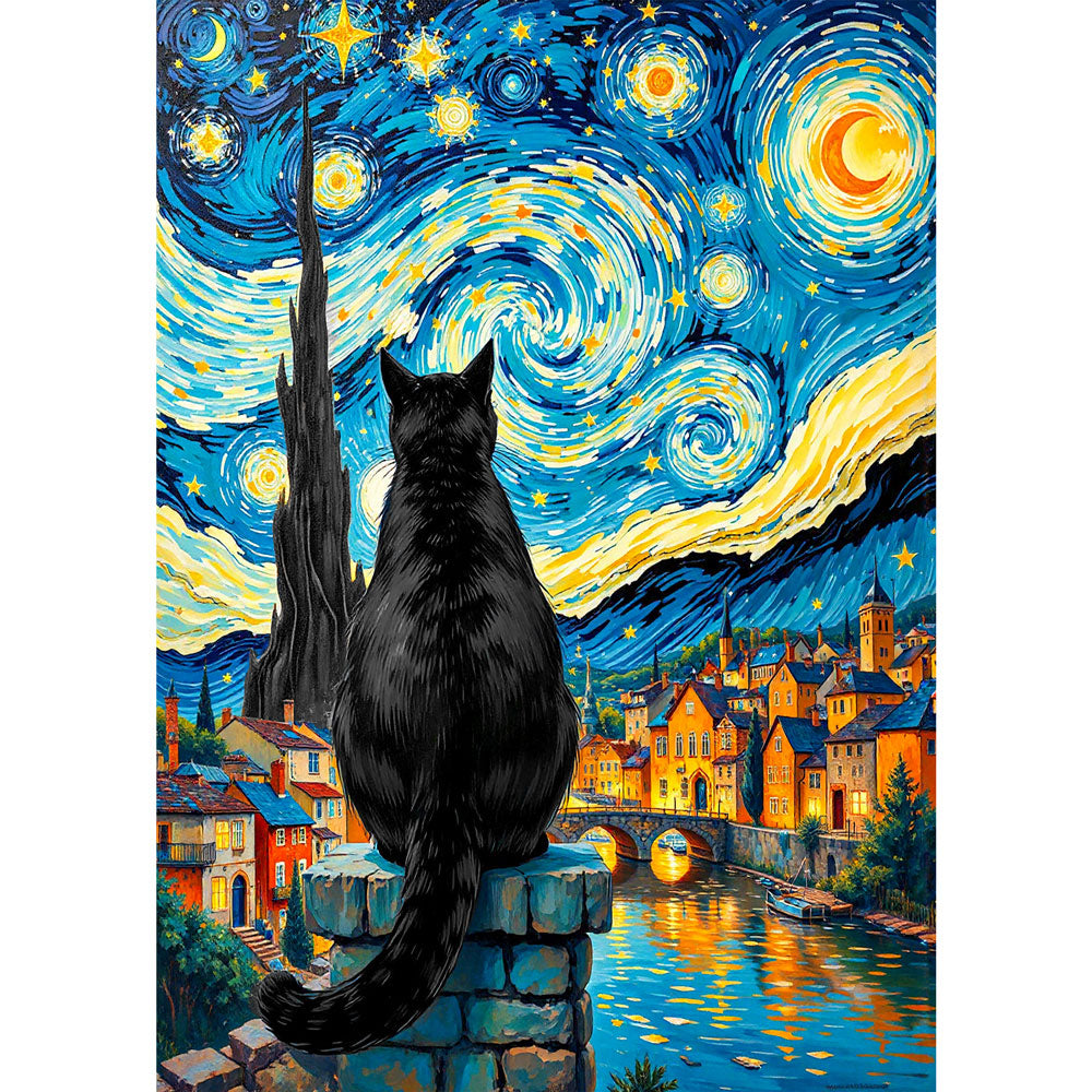 5D Diamond Painting AB Steine – Sternennacht mit Katze, Unique-Diamondd