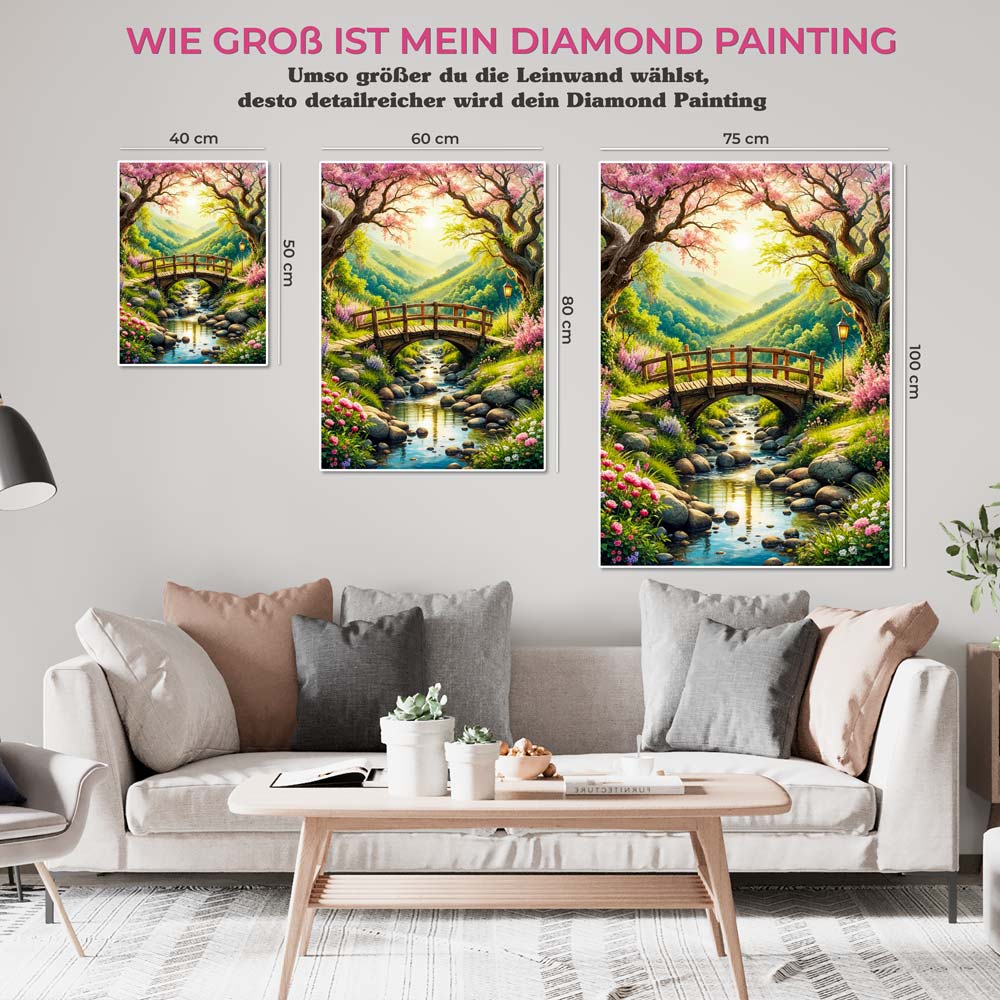 5D Diamond Painting AB Steine – Zauberbrücke im Blütental, Unique-Diamond