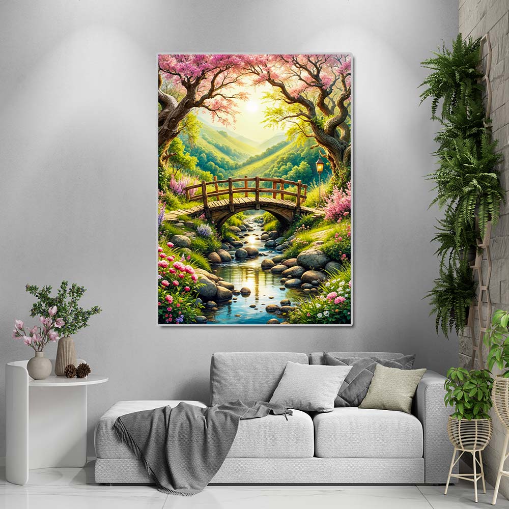 5D Diamond Painting AB Steine – Zauberbrücke im Blütental, Unique-Diamond
