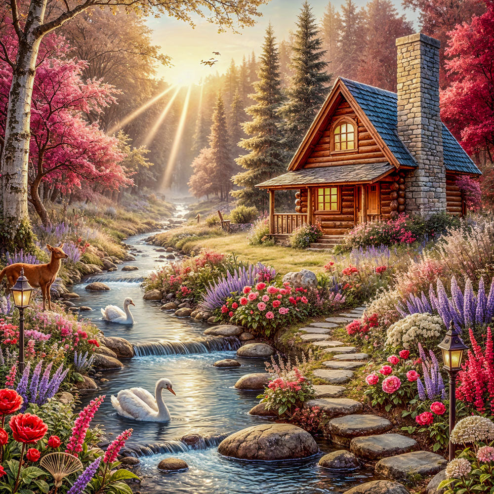 5D Diamond Painting AB Steine – Zauberhütte im Morgenlicht mit 100 Farben