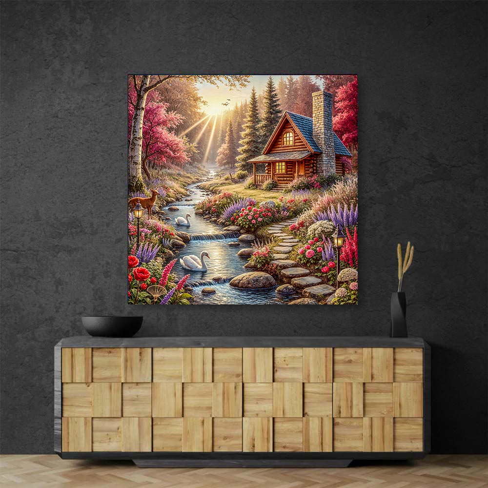 5D Diamond Painting AB Steine – Zauberhütte im Morgenlicht mit 100 Farben