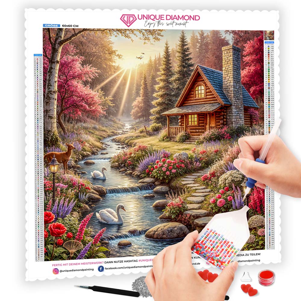 5D Diamond Painting AB Steine – Zauberhütte im Morgenlicht mit 100 Farben