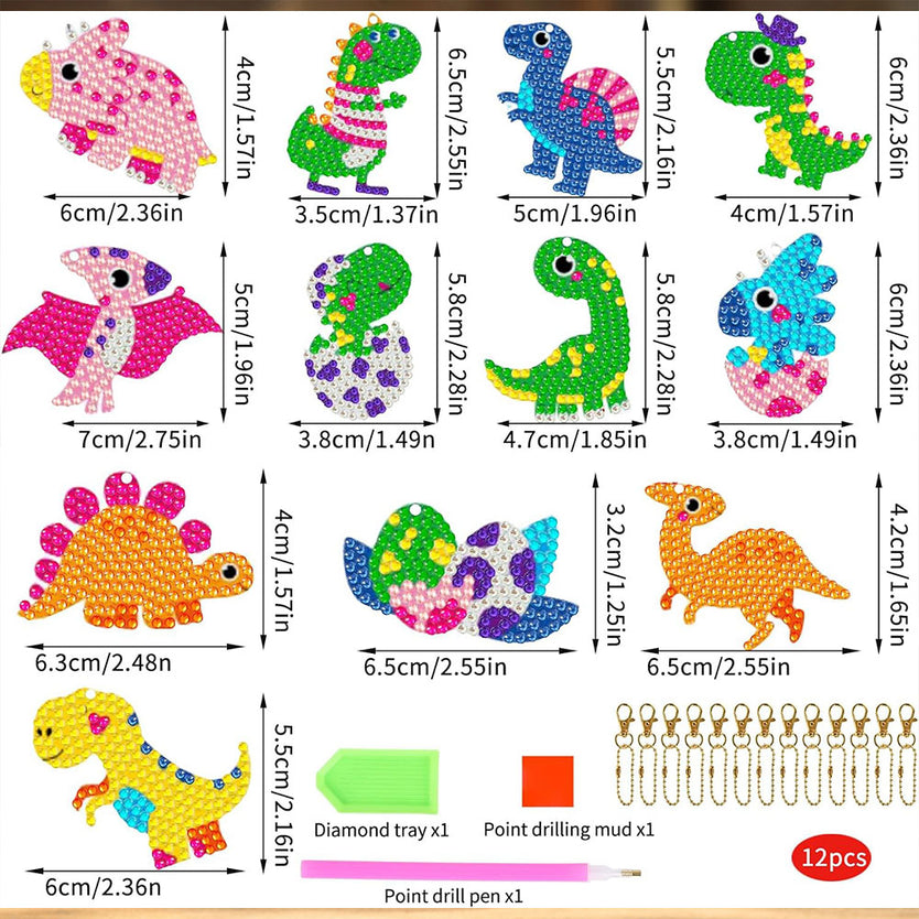 5D Diamond Painting Schlüsselanhänger Dinosaurier 12 Stück, Unique-Diamond